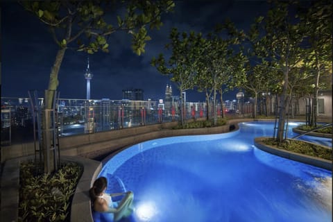 Night, View (from property/room), Swimming pool