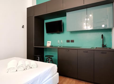 Bed, TV and multimedia, Kitchen or kitchenette, Photo of the whole room, Bedroom, towels, wardrobe