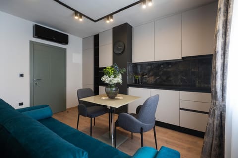 Kitchen or kitchenette, Living room, Seating area, Dining area, air conditioner