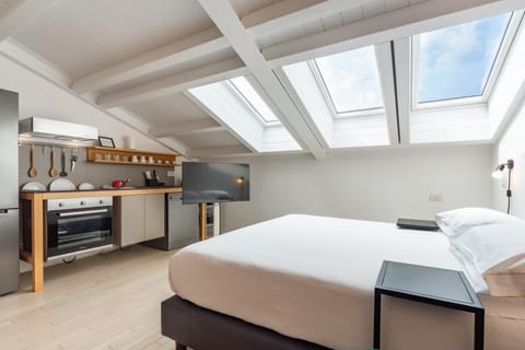 Bed, kitchen