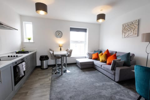 Kitchen or kitchenette, Living room, Seating area, Dining area, stove