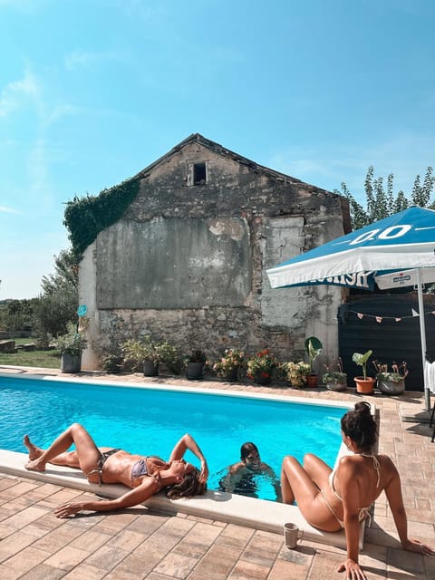 Pool view, Swimming pool, group of guests, sunbed