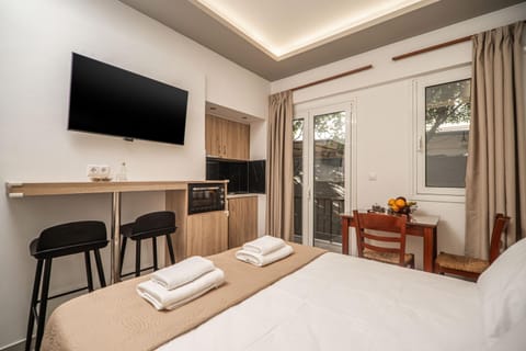 Bed, TV and multimedia, Kitchen or kitchenette, Photo of the whole room, Bedroom, hair dresser, towels