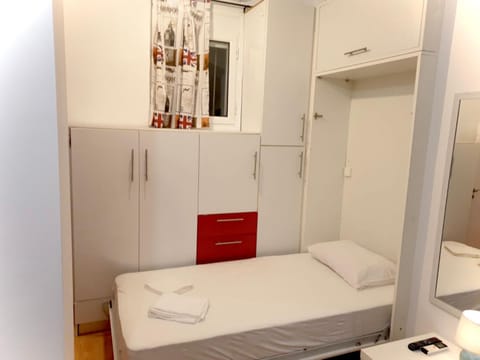 Bed, wardrobe