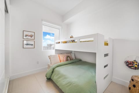 Photo of the whole room, bunk bed, hair dresser