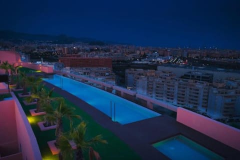 Night, City view, Pool view, Swimming pool