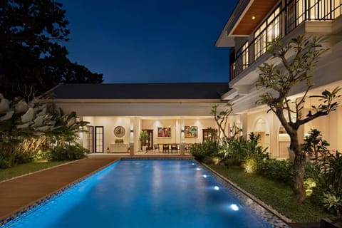 Property building, Night, Garden, Swimming pool