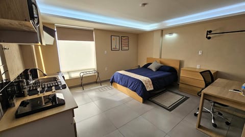 Bed, TV and multimedia, Kitchen or kitchenette, Living room, Photo of the whole room, Seating area, Bedroom