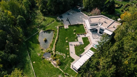 Property building, Spring, Day, Natural landscape, Bird's eye view, Garden, Garden view, Swimming pool