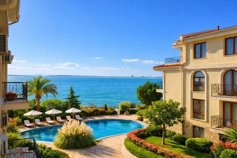 View (from property/room), Pool view, Sea view, Swimming pool, sunbed