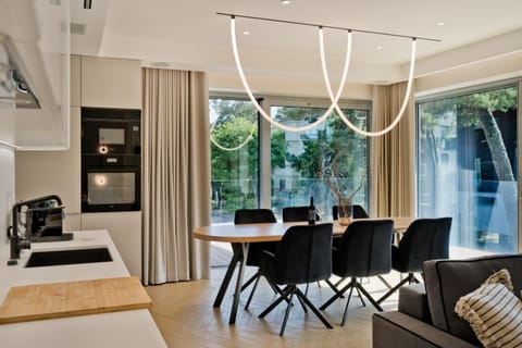 Kitchen or kitchenette, Living room, Seating area, Dining area