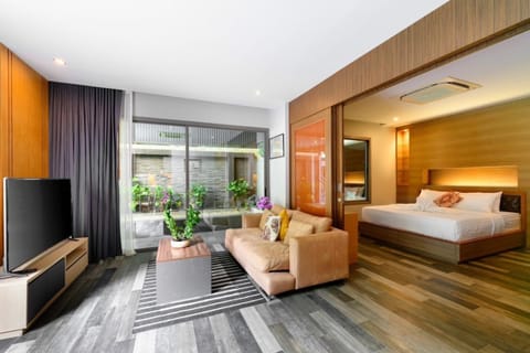 Kitchen or kitchenette, Living room, Seating area, Bedroom, Pool view