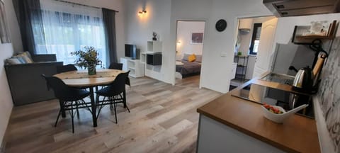 Kitchen or kitchenette, Living room, Seating area, Dining area