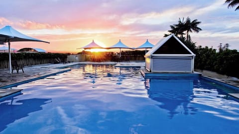 Pool view, Swimming pool, Sunset, sunbed