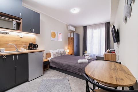 Bed, TV and multimedia, Kitchen or kitchenette, Photo of the whole room, Seating area, Dining area, Bedroom, stove