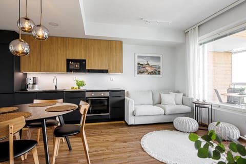 Kitchen or kitchenette, Living room, Seating area, Dining area