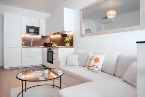Kitchen or kitchenette, Living room, Seating area, oven, stove