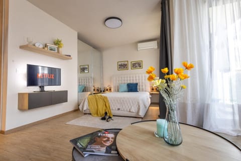 Bed, TV and multimedia, Living room, Photo of the whole room, Seating area, Bedroom