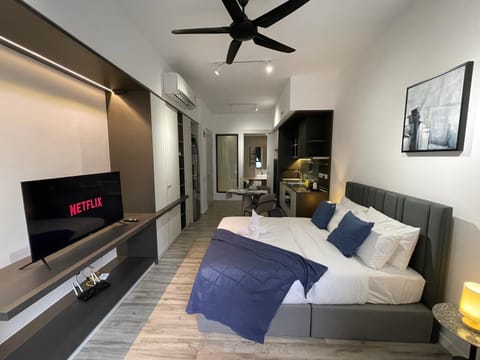 Communal lounge/ TV room, Bed, TV and multimedia, Living room, Photo of the whole room, Seating area, Bedroom, fireplace