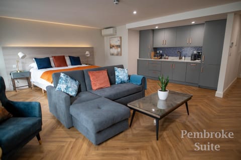 Bed, Kitchen or kitchenette, Living room, Seating area, Bedroom