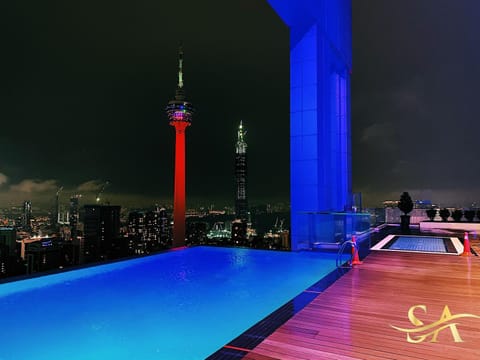 Night, City view, Swimming pool, Swimming pool