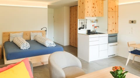 Bed, Kitchen or kitchenette, Living room, Seating area, stove