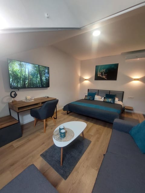 Bed, TV and multimedia, Living room, Seating area, Bedroom