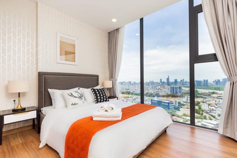 Bed, Bedroom, City view, towels