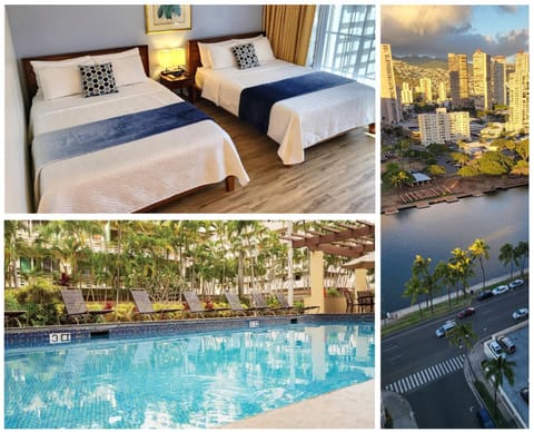 Bed, Bedroom, City view, Pool view, Swimming pool