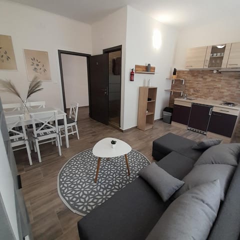 Kitchen or kitchenette, Living room, Seating area, Dining area, stove