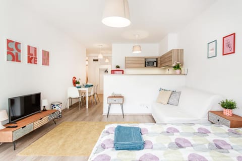 Bed, TV and multimedia, Kitchen or kitchenette, Photo of the whole room, Seating area, Dining area