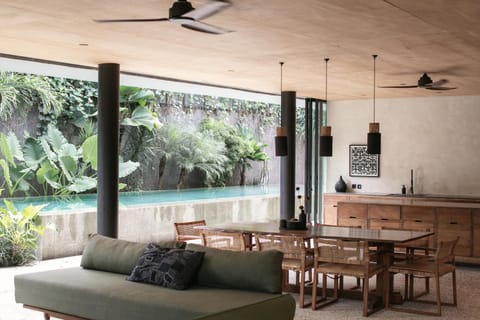 Living room, Seating area, Dining area, Pool view, fireplace