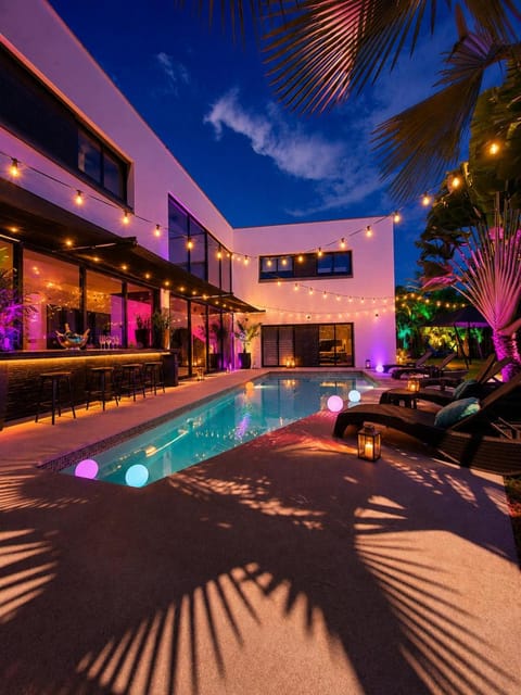 Night, Pool view, Swimming pool, sunbed
