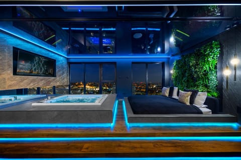 Bed, Hot Tub, Living room, Photo of the whole room, Seating area, Bedroom