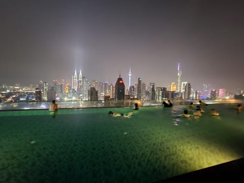 Night, City view, Swimming pool