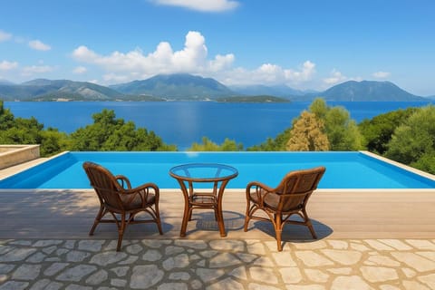 Patio, Day, Natural landscape, Living room, Seating area, Mountain view, Pool view, Sea view, Swimming pool, sunbed