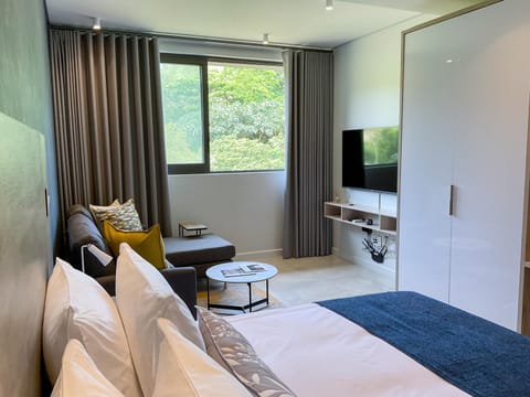 Bed, TV and multimedia, Living room, Seating area, Bedroom