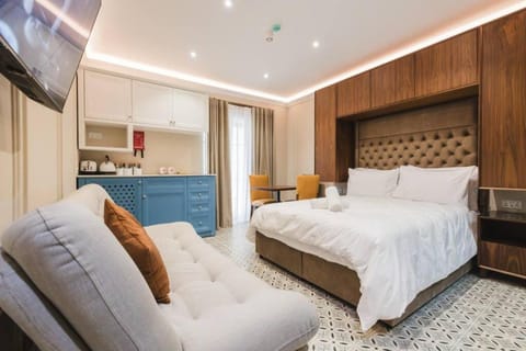 Bed, TV and multimedia, Kitchen or kitchenette, Living room, Photo of the whole room, Seating area, Bedroom