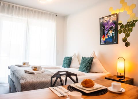 Bed, Living room, Dining area