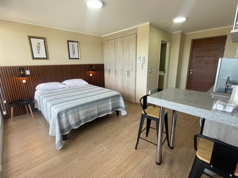Bed, kitchen