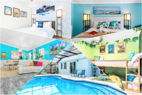 Bedroom, Pool view, Swimming pool, bunk bed, sunbed