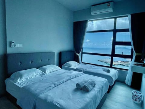 Photo of the whole room, Bedroom, towels, air conditioner
