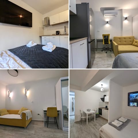 Bed, TV and multimedia, Kitchen or kitchenette, Living room, Photo of the whole room, Seating area, Bedroom, hair dresser, towels, air conditioner