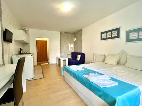 Bed, TV and multimedia, Kitchen or kitchenette, Photo of the whole room, Seating area, towels