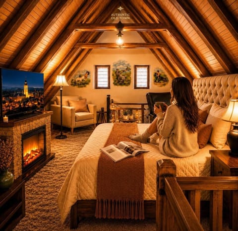 Bed, Decorative detail, Bedroom, fireplace