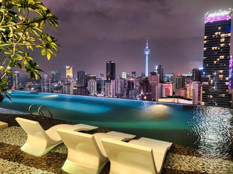 Night, City view, Pool view, Swimming pool