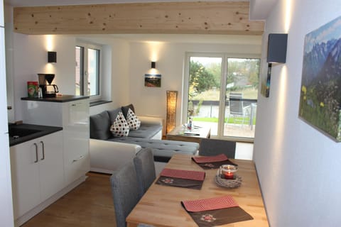 Kitchen or kitchenette, Living room, Seating area, Dining area