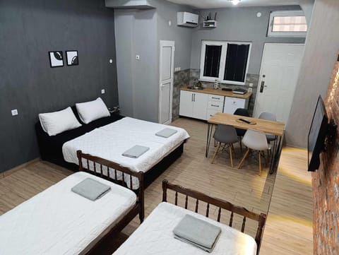 Bed, TV and multimedia, Kitchen or kitchenette, Living room, Photo of the whole room, Seating area, Dining area, Bedroom, towels, air conditioner