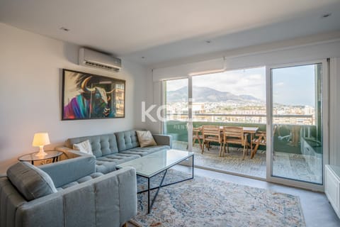 Balcony/Terrace, Living room, Seating area, Mountain view, air conditioner