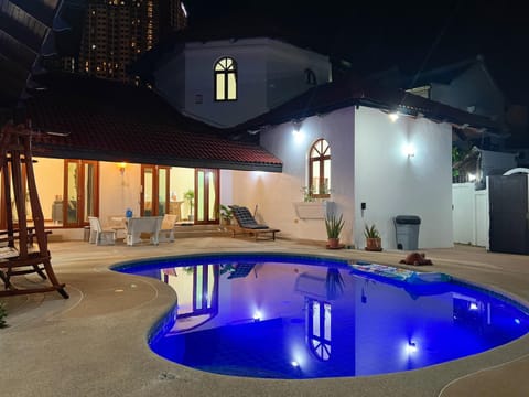 Property building, Night, Natural landscape, Pool view, Swimming pool